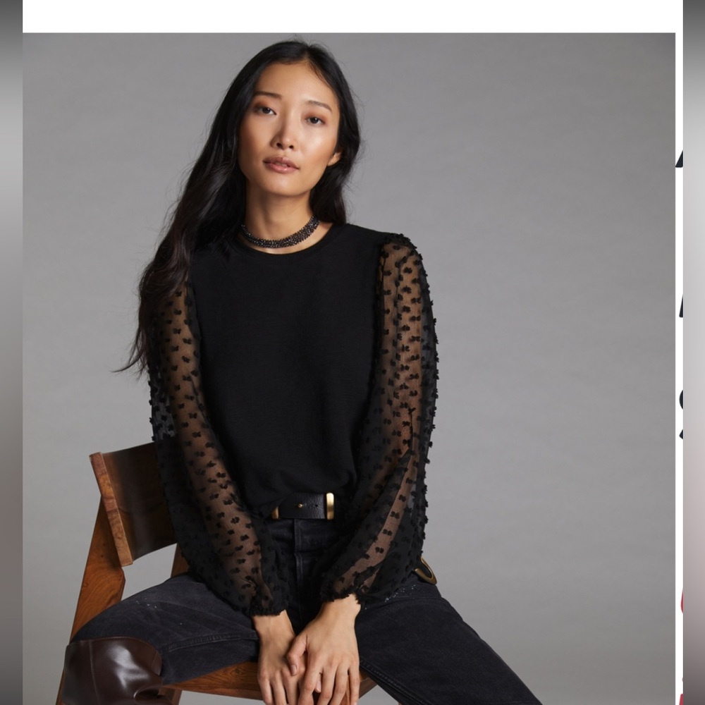 Black Sheer Puff-Sleeve Knit Top